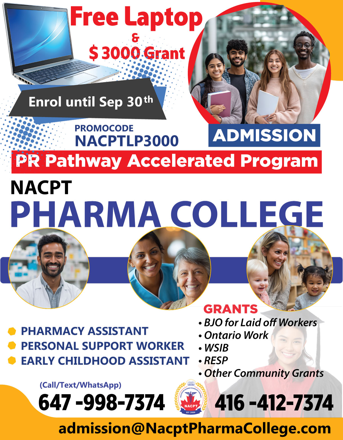 NACPT Pharma College — PR Pathway Accelerated Program, Pharmacy Assistant, Personal Support Worker, and Early Childhood Assistant programs, free laptop and $3000 grant, enroll until September 30